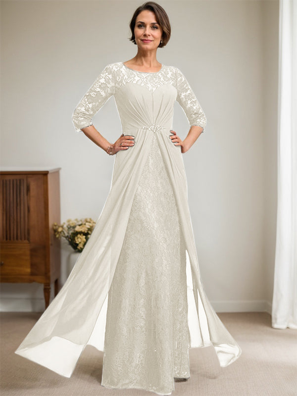 A-Line Scoop Neck Illusion Floor-Length Lace Chiffon Mother of the Bride Dress with Beaded Ruffles