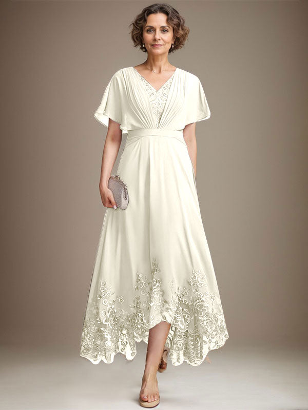A-Line V-Neck Asymmetrical Lace Chiffon Mother of the Bride Dress with Pleats