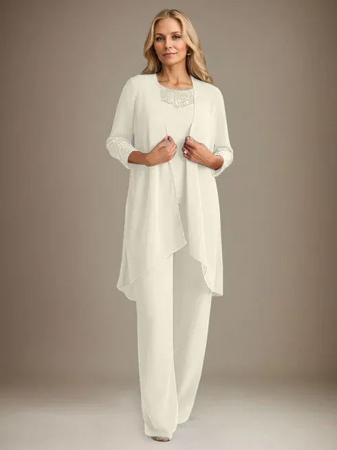 Chiffon Scoop Neck Long Sleeve Mother of the Bride Pantsuit with Jacket