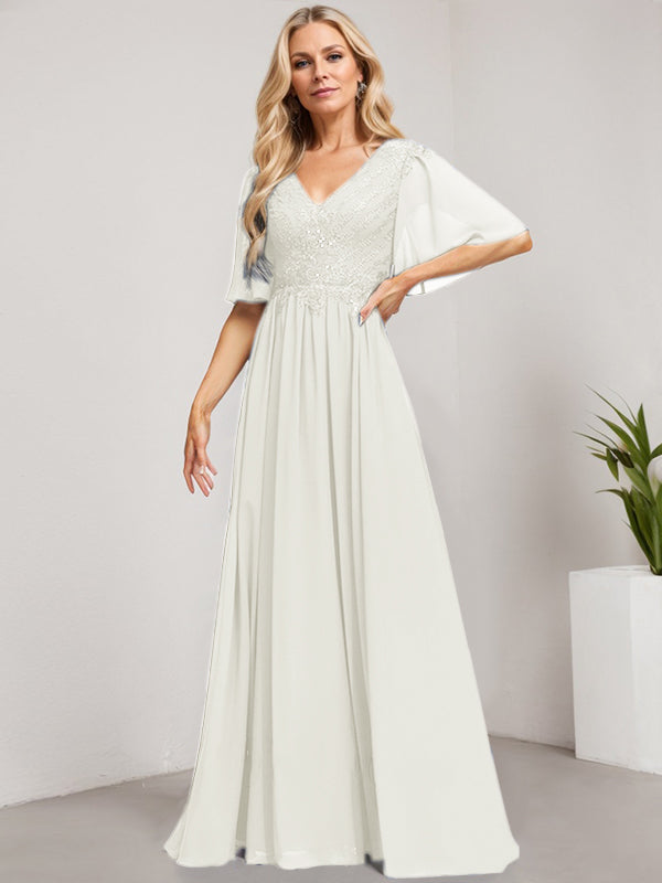 A-Line V-Neck Floor-Length Lace Chiffon Mother of the Bride Dress with Sequins