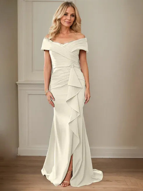 Floor-Length Lace and Chiffon Mother of the Bride Dress with Sheath/Column V-Neck Illusion and Pleated Sequins