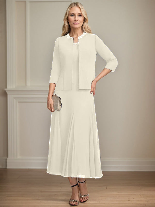 A-line Scoop Tea-Length Chiffon Mother of the Bride Dress with Sequins and Beading Separates