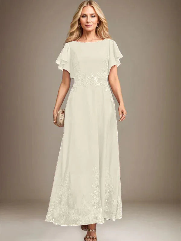 A-Line Scoop Neck Ankle-Length Lace and Chiffon Mother of the Bride Dress with Sequins