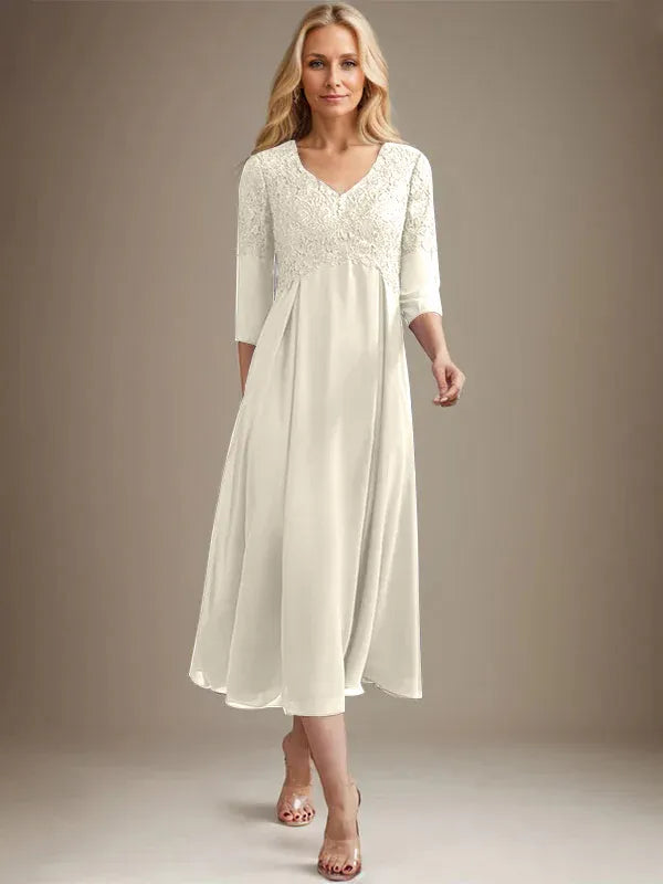 A-Line V-Neck Tea-Length Chiffon Lace Mother of the Bride Dress with Beading