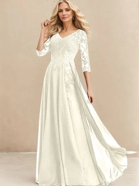 A-Line V-Neck Floor-Length Lace Chiffon Mother of the Bride Dress with Sequins