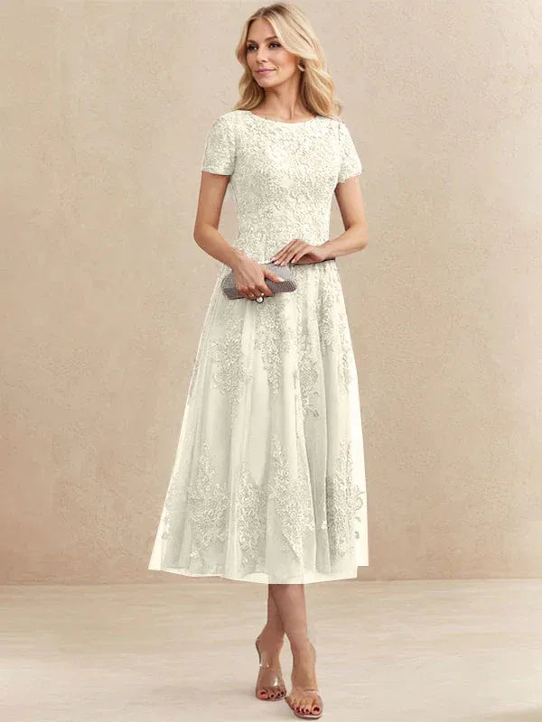 A-Line Scoop Neck Tea-Length Tulle Lace Mother of the Bride Dress