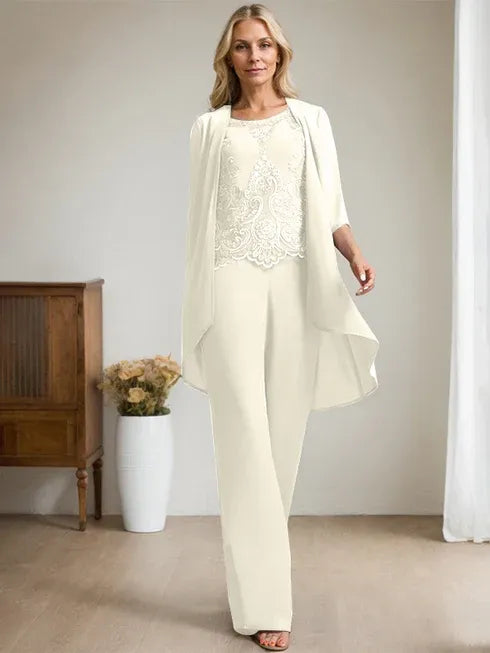 Floor-Length Chiffon Lace Mother of the Bride Jumpsuit/Pantsuit with Scoop Neck, Beading, and Sequins