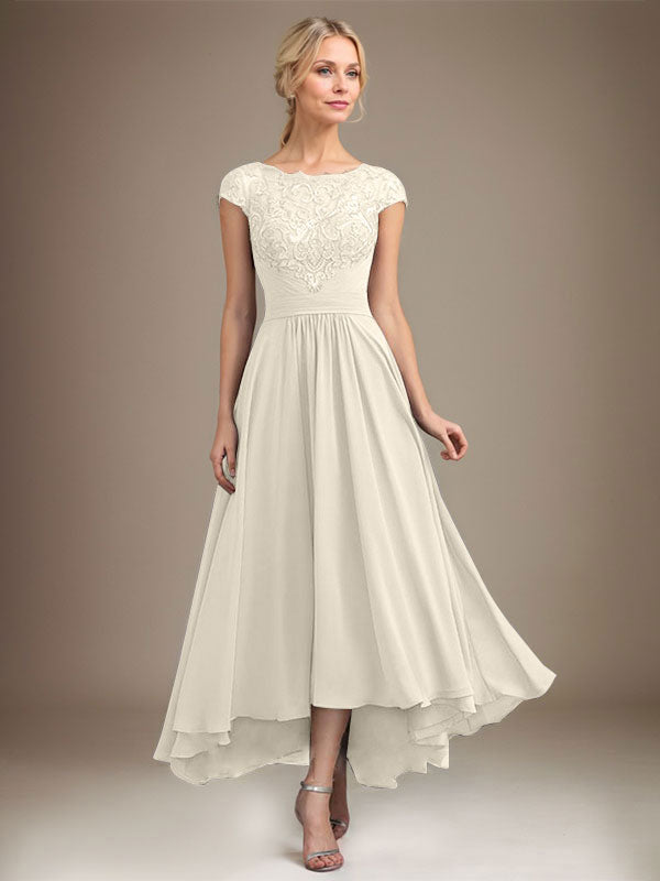 A-Line Scoop Neck Illusion Asymmetrical Lace Chiffon Mother of the Bride Dress with Pleats