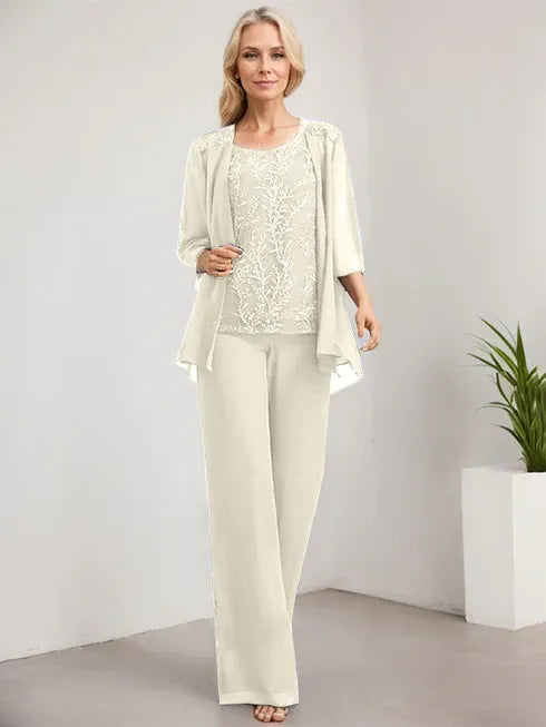 Floor-Length Lace Chiffon Mother of the Bride Jumpsuit/Pantsuit with Scoop Neck and Sequins