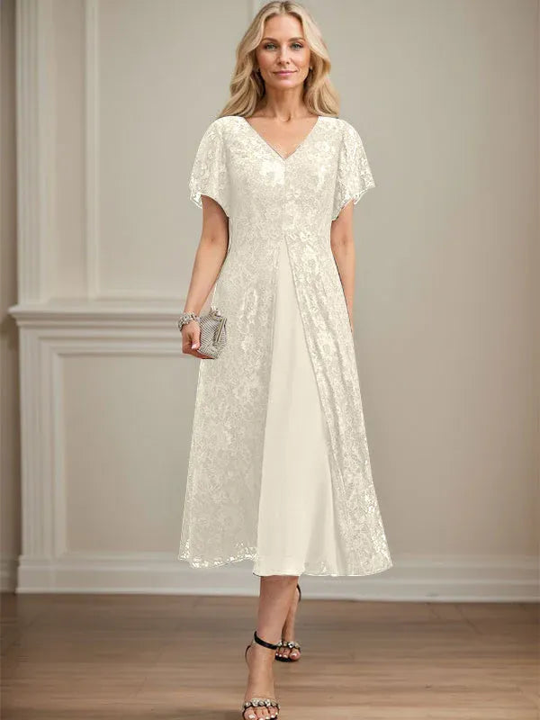 A-Line V-Neck Tea-Length Lace Chiffon Mother of the Bride Dress