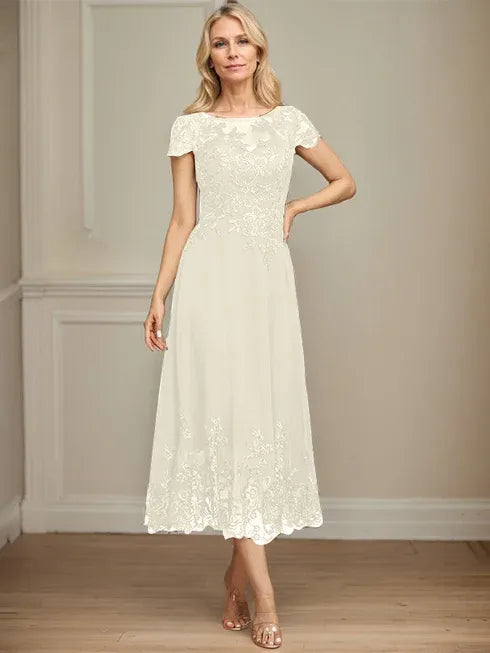 A-Line Illusion Scoop Tea-Length Lace Chiffon Mother of the Bride Dress with Sequins