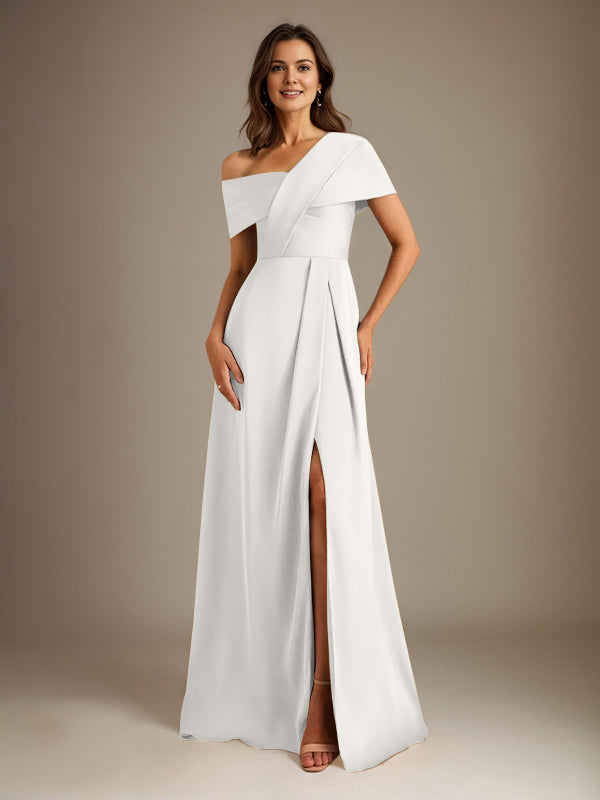 A-Line Satin Mother of the Bride Dress with Asymmetrical Neckline, Floor-Length, and Pleated Design