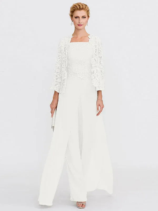 3-Piece Chiffon Square Neck Mother of the Bride Pantsuit Set with Jacket
