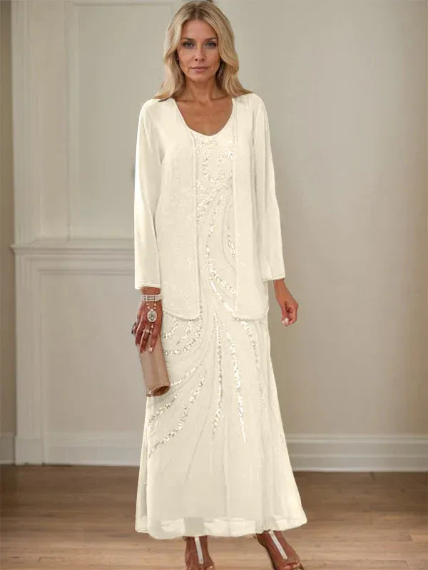 V-Neck Sheath/Mother of the Bride Ankle-Length Dress with Jacket & Sequins