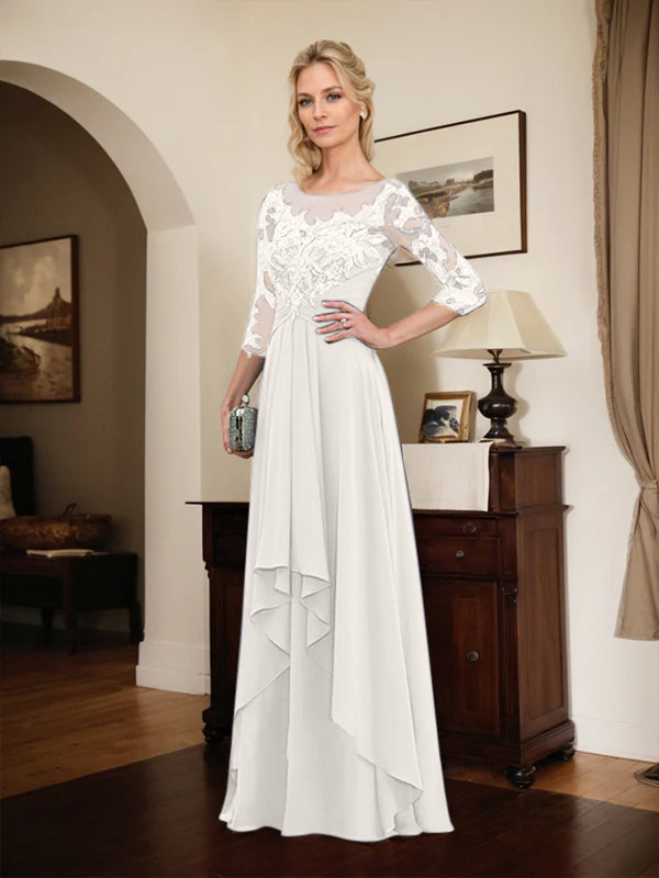A-Line Scoop Neck Illusion Floor-Length Lace Chiffon Mother of the Bride Dress with Cascading Ruffles