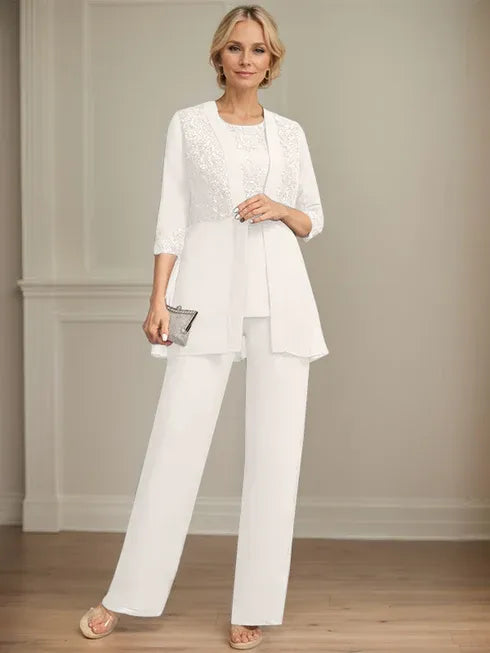 Floor-Length Chiffon Lace Jumpsuit and Pantsuit Separates with Sequins – Perfect Mother of the Bride Dress