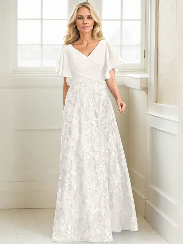 A-Line V-Neck Floor-Length Lace and Sequin Chiffon Mother of the Bride Dress with Pleats