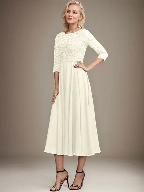 A-Line Scoop Neck Tea-Length Lace Chiffon Mother of the Bride Dress with Sequins