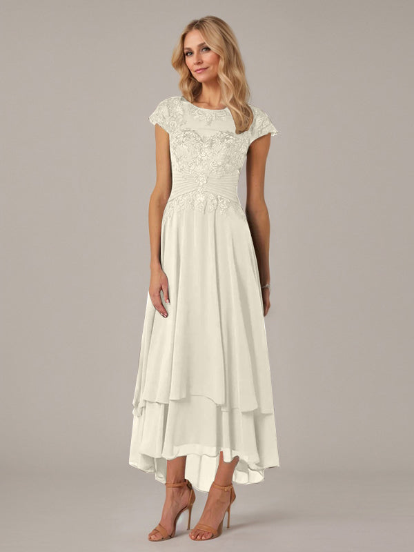 A-Line Boat Neck Illusion Asymmetrical Chiffon Lace Mother of the Bride Dress with Applique and Pleats