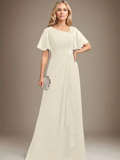 A-Line Asymmetrical Floor-Length Chiffon Mother of the Bride Dress with Pleated Beading and Sequins