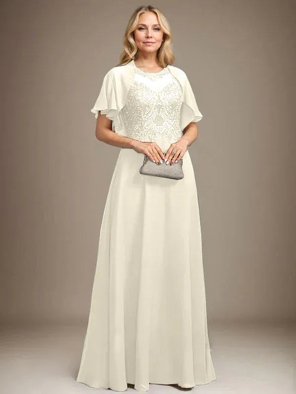 A-Line Scoop Neck Illusion Floor-Length Lace Chiffon Mother of the Bride Dress with Sequins