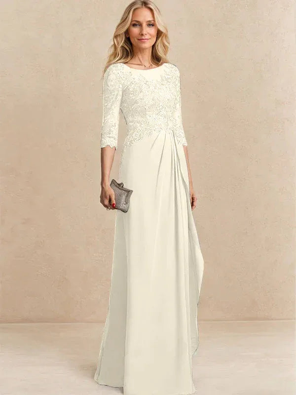 A-Line Scoop Illusion Floor-Length Chiffon and Lace Mother of the Bride Dress with Beading, Sequins, and Cascading Ruffles