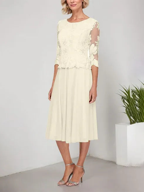 A-Line Scoop Neck Tea-Length Lace Chiffon Mother of the Bride Dress with Embroidery