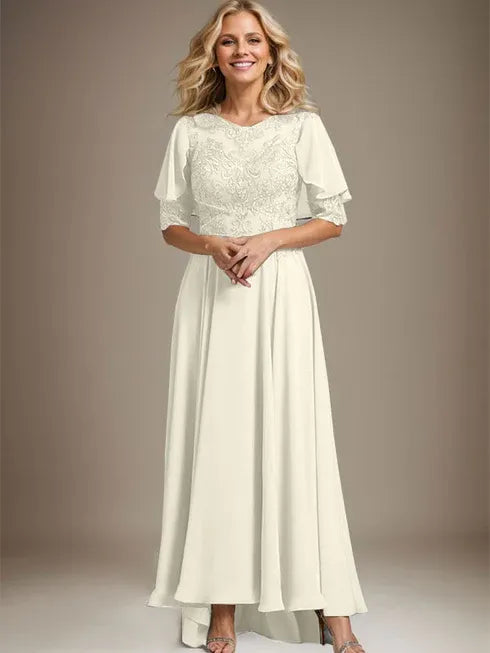 A-Line Scoop Neck Illusion Asymmetrical Chiffon and Lace Mother of the Bride Dress with Beading