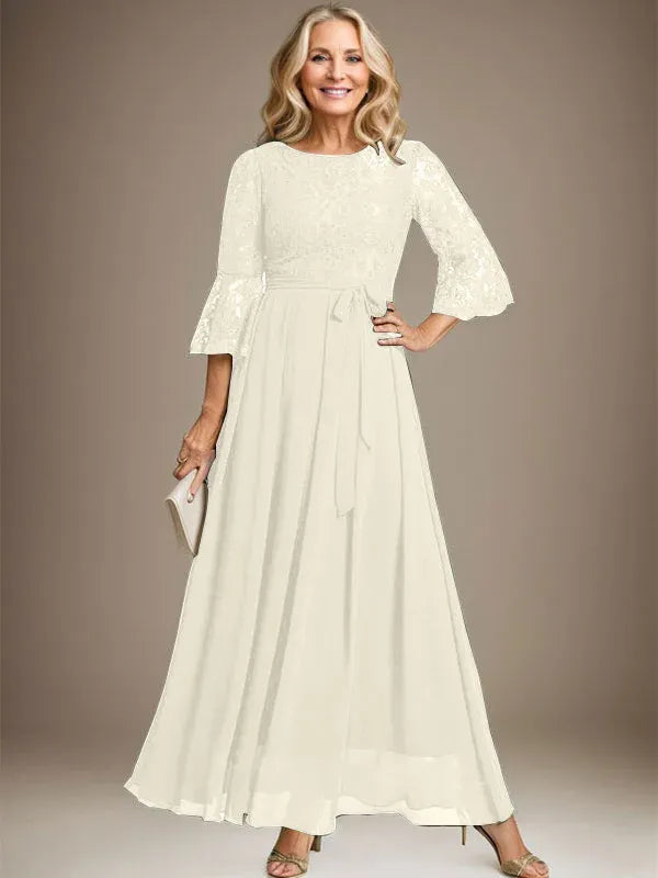 A-Line Scoop Neck Ankle-Length Lace Chiffon Mother of the Bride Dress with Bow