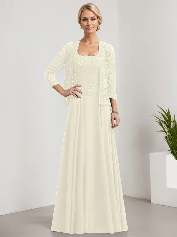A-Line Square Neck Floor-Length Lace and Chiffon Mother of the Bride Dress with Sequins