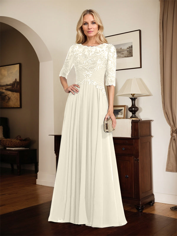 A-Line Scoop Neck Illusion Floor-Length Chiffon and Lace Mother of the Bride Dress with Pleated Sequins