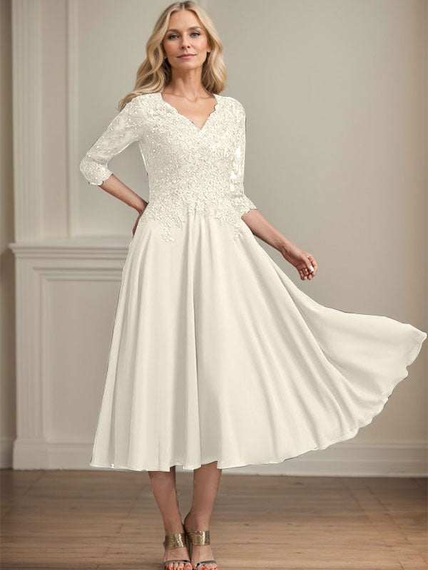 A-Line V-Neck Tea-Length Chiffon and Lace Mother of the Bride Dress with Beading and Sequins