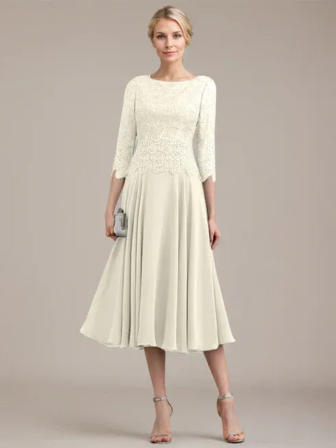 A-Line Scoop Neck Tea-Length Lace Chiffon Mother of the Bride Dress