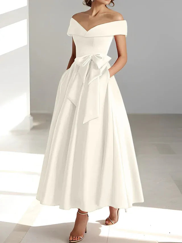 A-Line Off-the-Shoulder Sleeveless Ankle-Length Mother of the Bride Dress with Pockets
