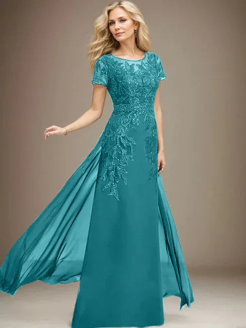 Floor-Length Lace Chiffon Mother of the Bride Dress with Sheath/Column Scoop Illusion and Sequins