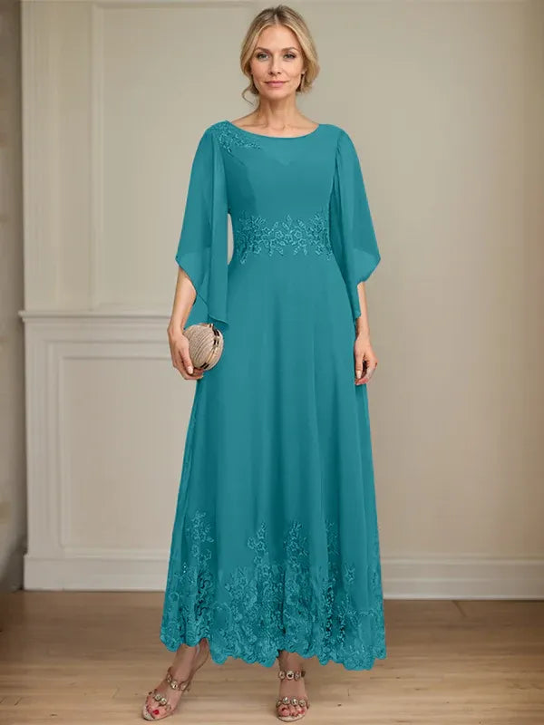 A-Line Scoop Neck Illusion Lace Chiffon Mother of the Bride Dress with Sequins and Ankle-Length Hem