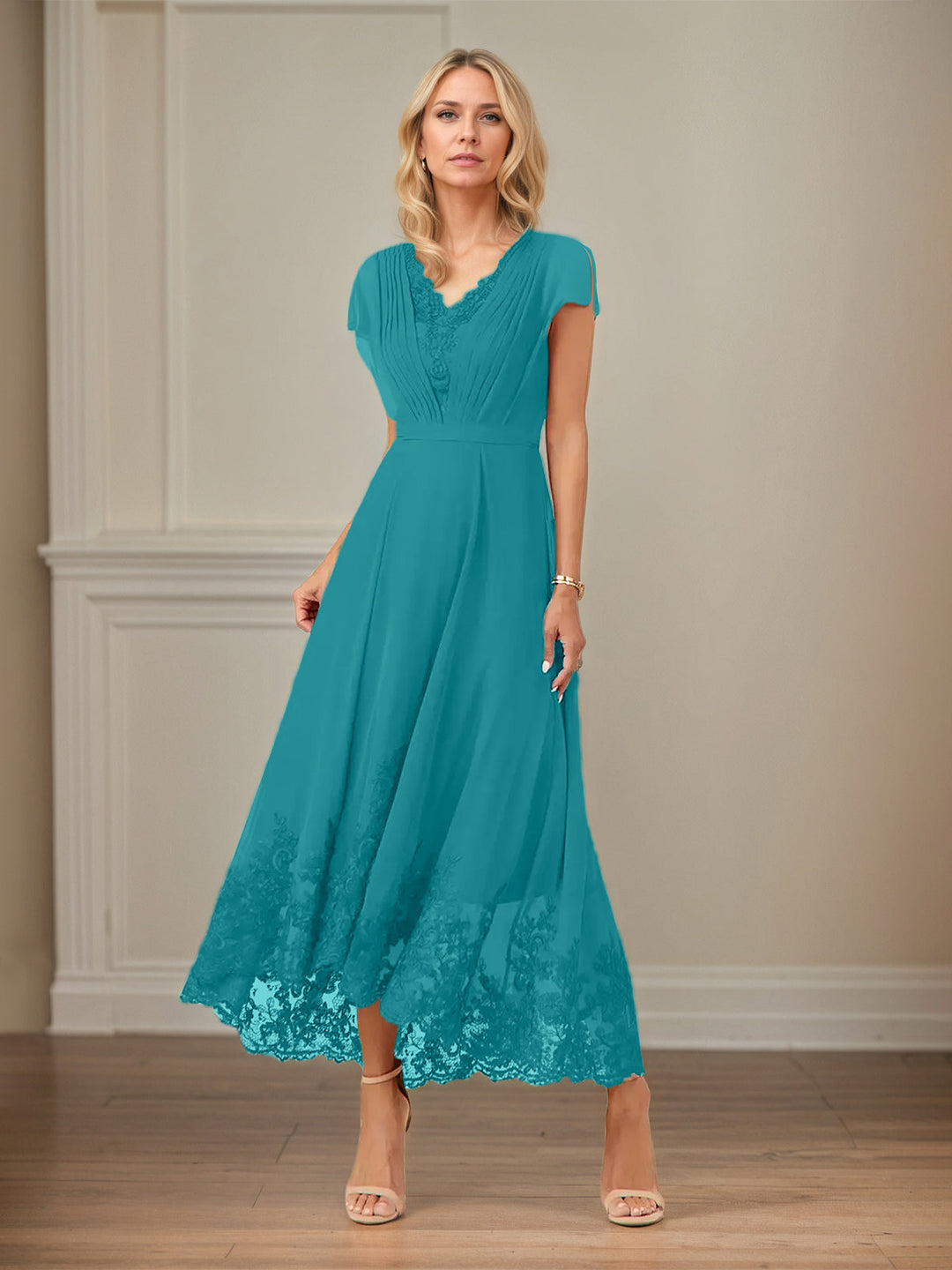 A-Line V-Neck Flutter Sleeve Chiffon Dress with Appliques and Ankle Length