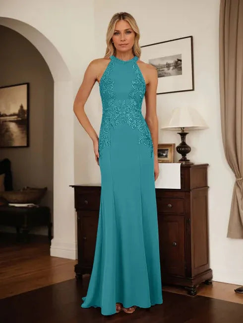 Dusty Blue Sheath Halter Mother of the Bride Dress with Appliqué Details