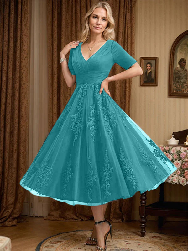 A-Line V-Neck Tea-Length Tulle Lace Mother of the Bride Dress with Pleats