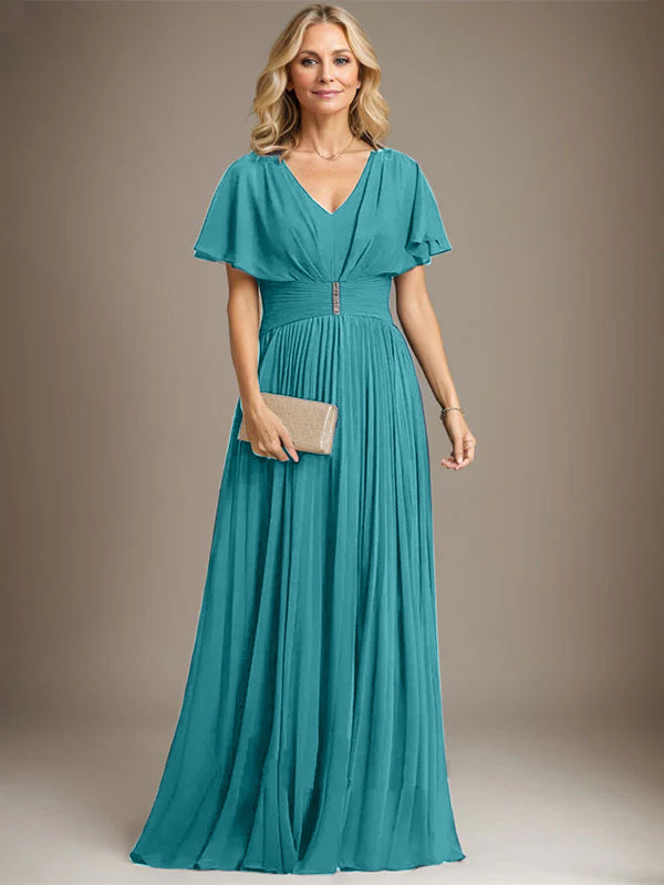 A-Line V-Neck Floor-Length Chiffon Mother of the Bride Dress with Crystal Brooch and Pleated Design