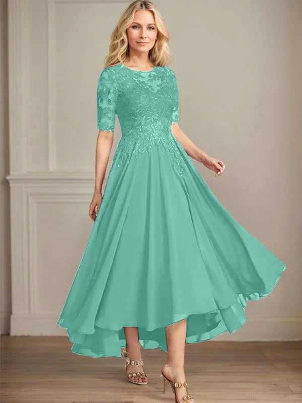 A-Line Scoop Neck Illusion Asymmetrical Chiffon and Lace Mother of the Bride Dress with Sequins