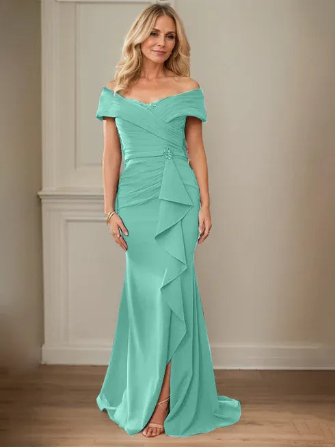 Floor-Length Lace and Chiffon Mother of the Bride Dress with Sheath/Column V-Neck Illusion and Pleated Sequins