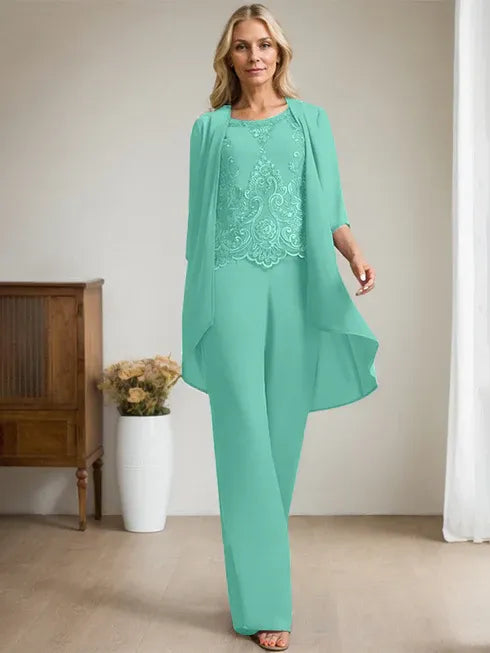 Floor-Length Chiffon Lace Mother of the Bride Jumpsuit/Pantsuit with Scoop Neck, Beading, and Sequins
