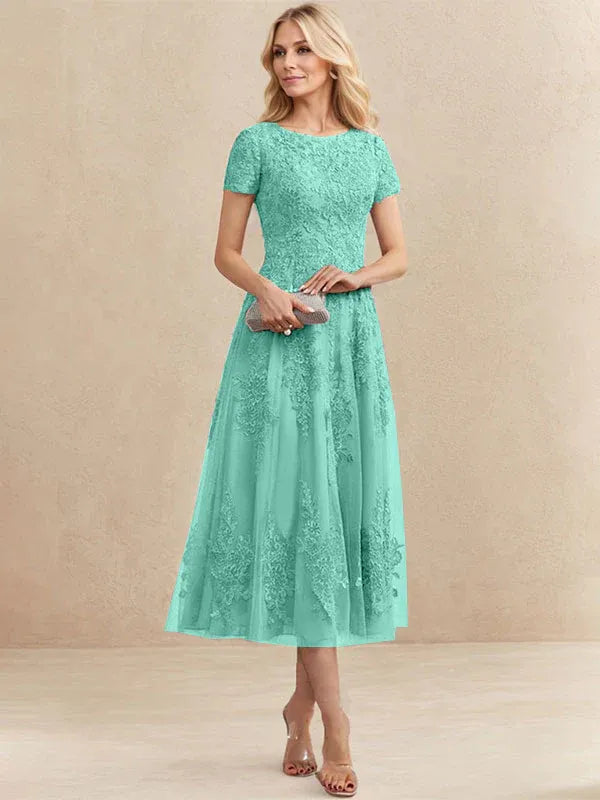 A-Line Scoop Neck Tea-Length Tulle Lace Mother of the Bride Dress