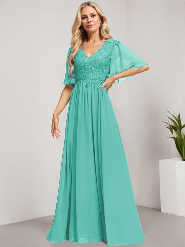 A-Line V-Neck Floor-Length Lace Chiffon Mother of the Bride Dress with Sequins