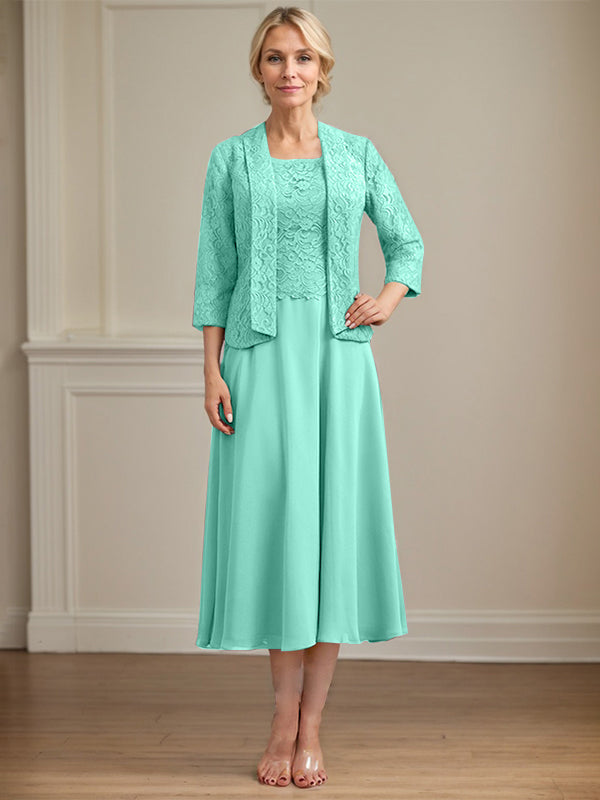 A-Line Scoop Neck Tea-Length Lace Chiffon Mother of the Bride Dress