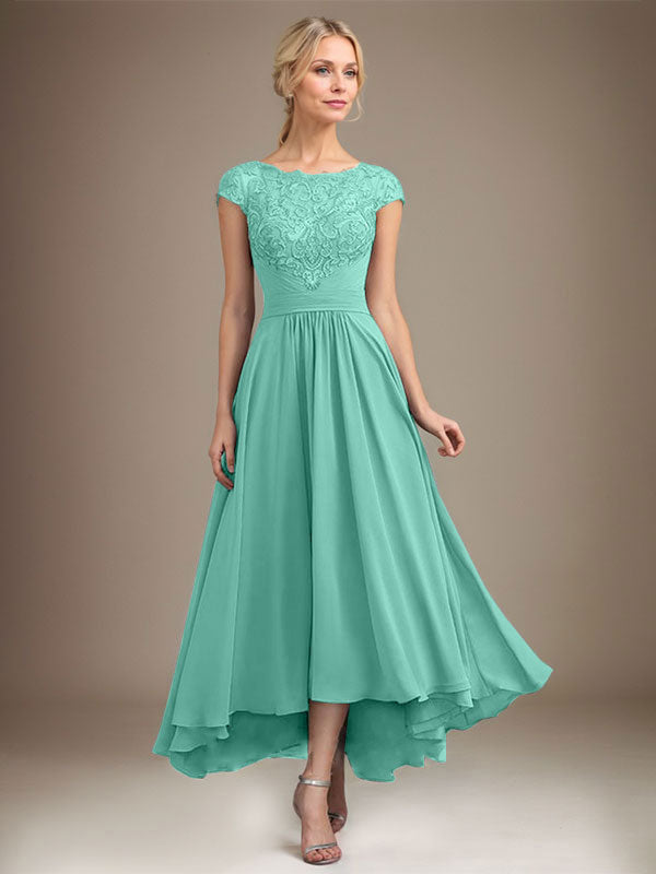 A-Line Scoop Neck Illusion Asymmetrical Lace Chiffon Mother of the Bride Dress with Pleats