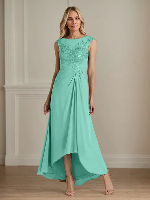 Champagne A-Line Lace and Chiffon Scoop Neck Dress