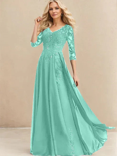 A-Line V-Neck Floor-Length Lace Chiffon Mother of the Bride Dress with Sequins