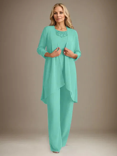 Chiffon Scoop Neck Long Sleeve Mother of the Bride Pantsuit with Jacket